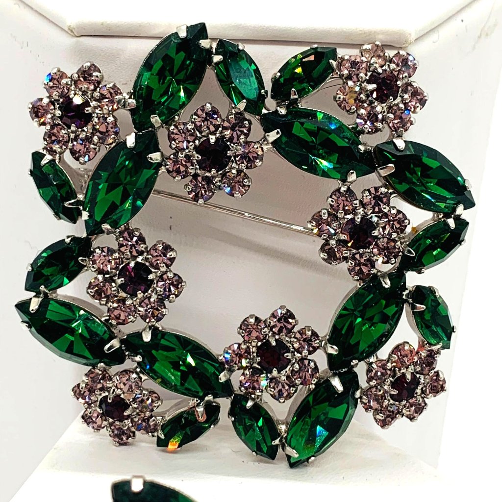 B. David Vintage Brooch Earrings Set Rhinestone Signed Flowers Leaves Green Viol